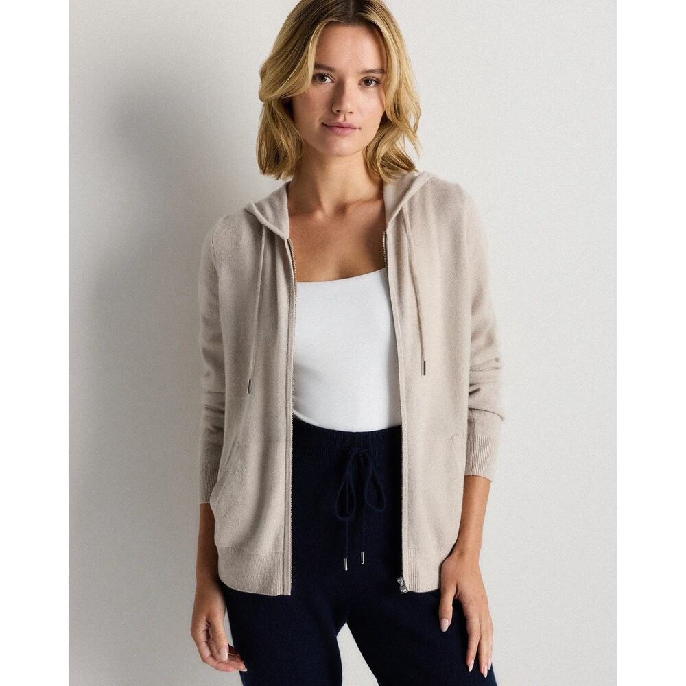 Quince Women’s Zip-Up Hooded Cardigan in Light Beige